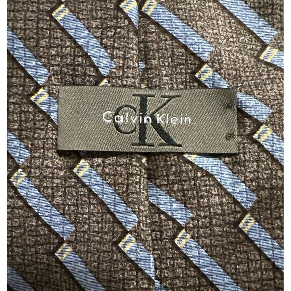 Calvin Klein 100% Silk Tie Stripes in Gold, Blue and Tan - Picture 1 of 9